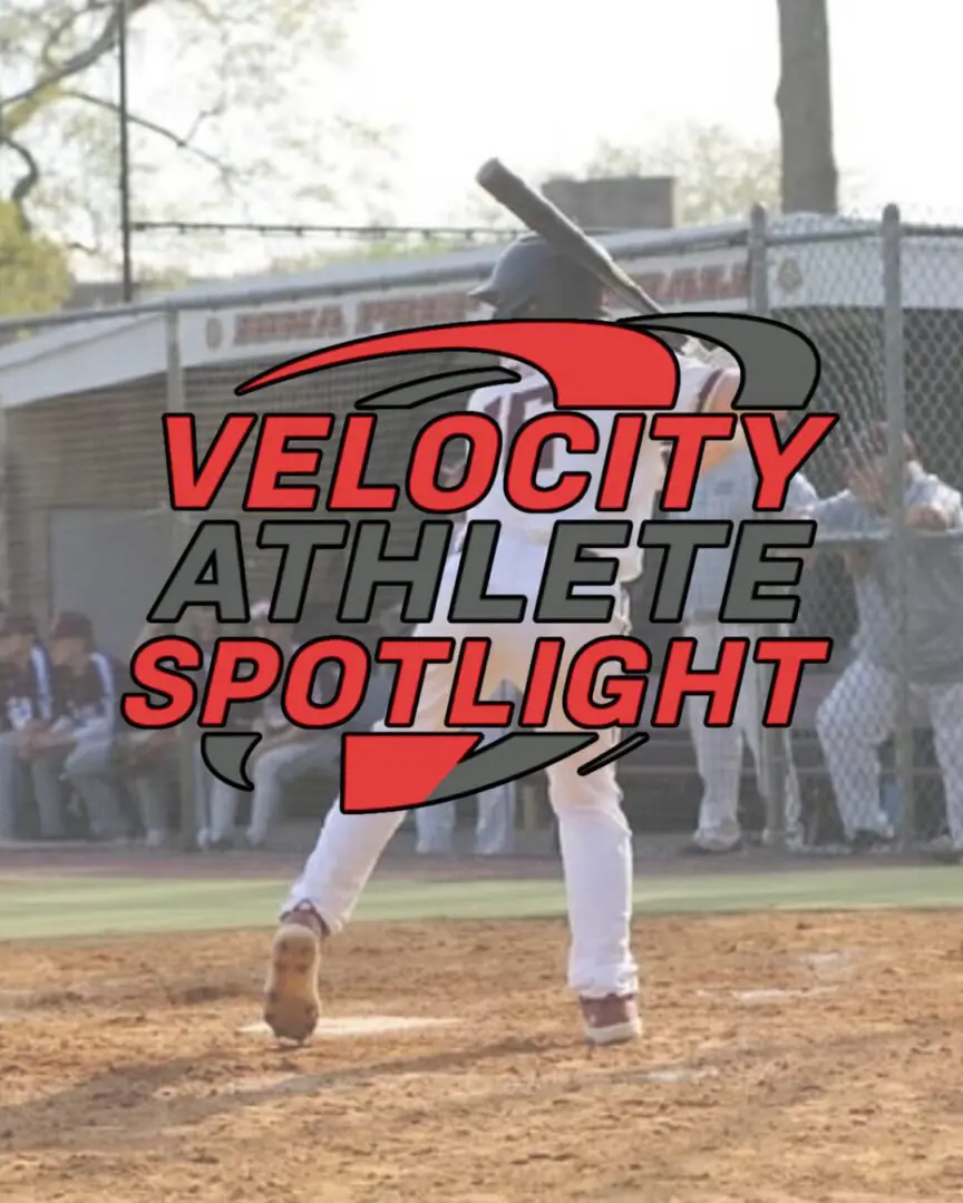 Baseball player batting, "Velocity Athlete Spotlight" overlay.