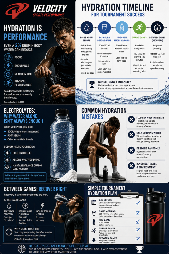 Sports hydration infographic with timeline and tips