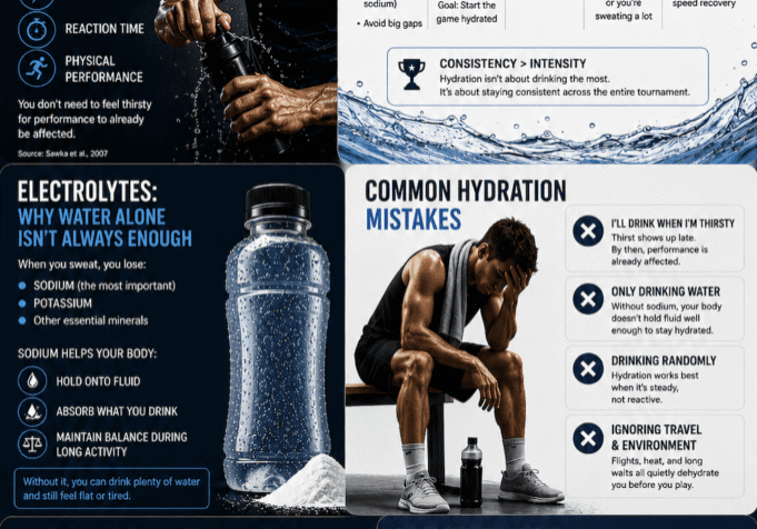 Sports hydration infographic with timeline and tips