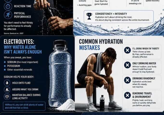 Sports hydration infographic with timeline and tips.
