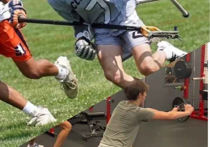 A collage of lacrosse action and a person reaching toward a wall.